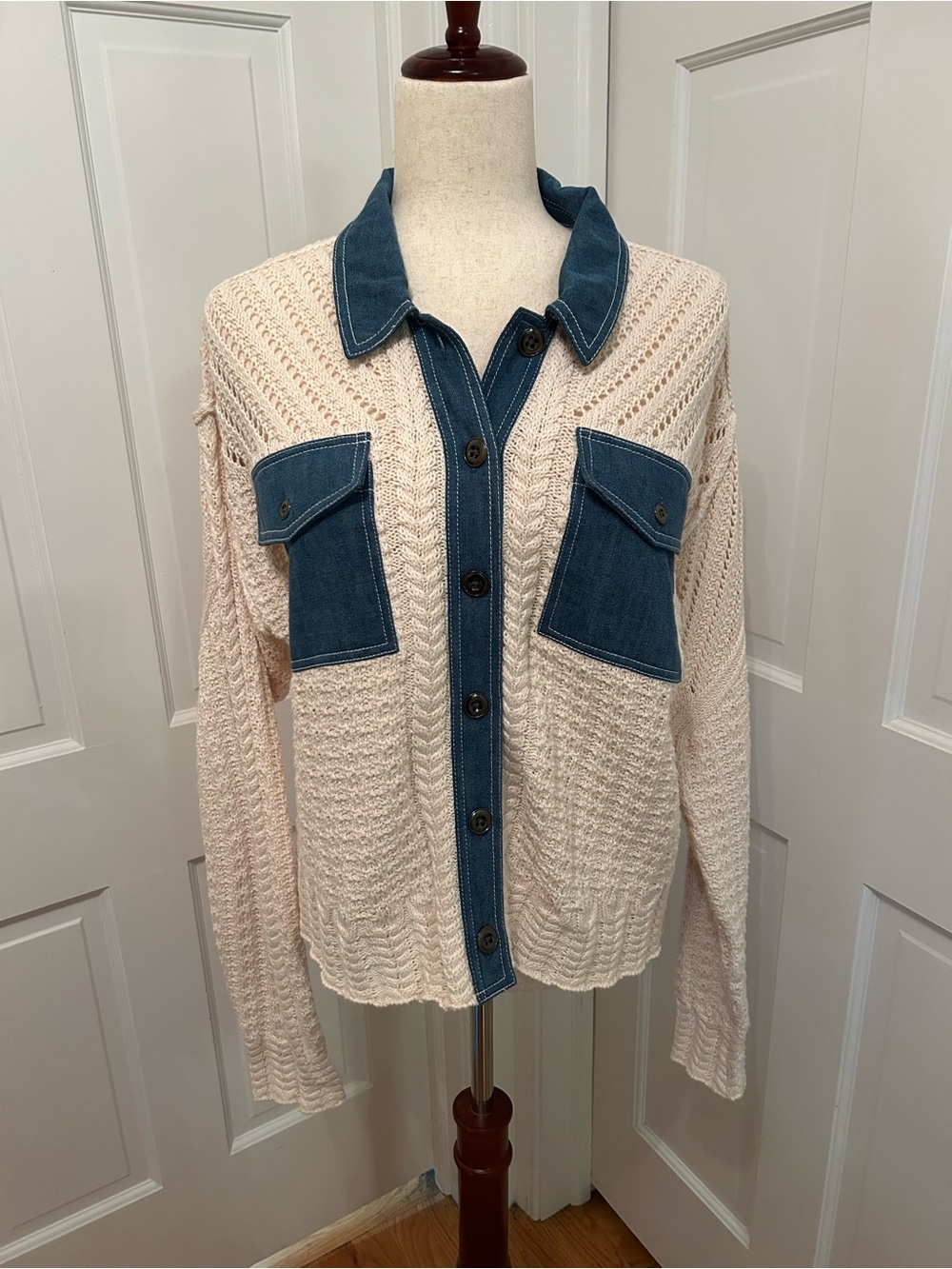 SUNDANCE Mixed Media Denim Trim Cable Knit Cardigan Cream Blue Women L - Picture 2 of 10